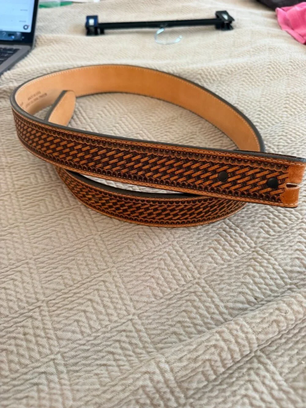 Justin Mens Bronco Weave Leather Western Style Belt Size 38 Tan Brown Casual USA